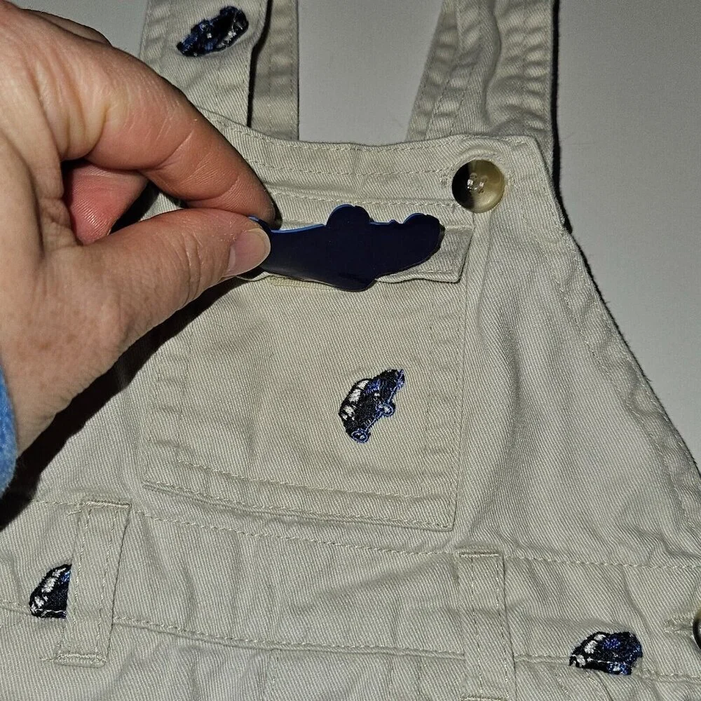 First Impressions Shirt Shortalls Outfit Tan Blue Embroidered Cars 6/9 Months
